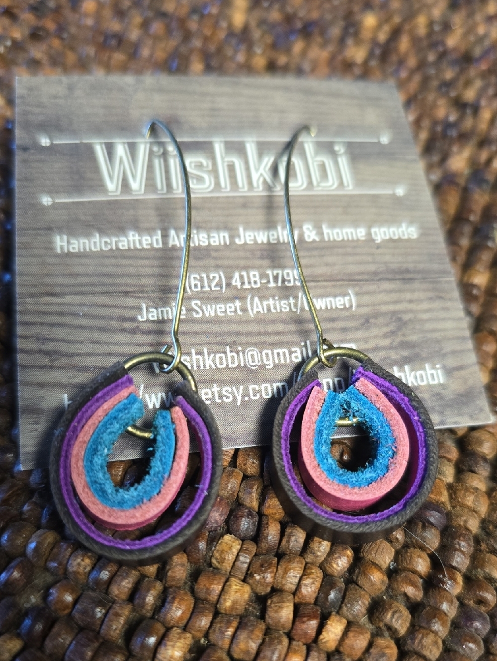 Multicolor Layered Leather Teardrop Earrings - Purple, Pink & Blue